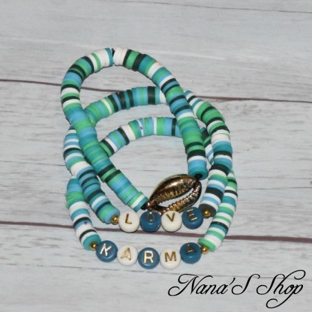 Lot de Bracelet Heishi, cauris et message, coloris vert.