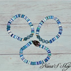 Lot de Bracelet Heishi, cauris et message, coloris bleu.