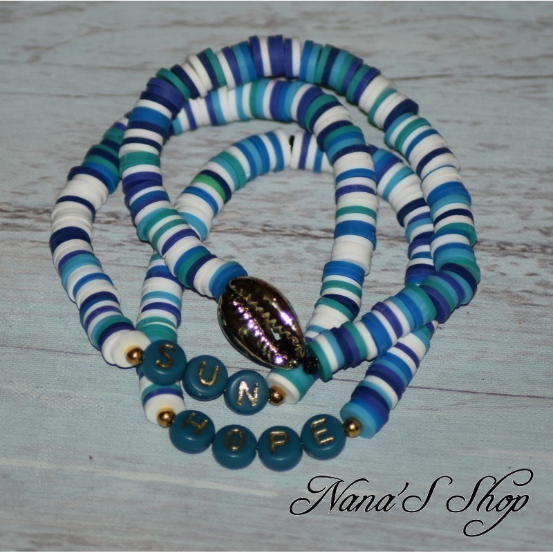 Lot de Bracelet Heishi, cauris et message, coloris bleu.