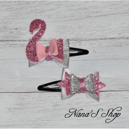 Barrettes Clic-clac, Fantaisie, à paillettes, Modèle 1 étoile et flamand rose.