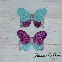 Lot 2 Pinces Papillon coloré et paillettes, coloris Bleu ciel, mauve et argenté, modèle 2.