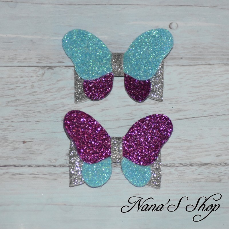 Lot 2 Pinces Papillon coloré et paillettes, coloris Bleu ciel, mauve et argenté, modèle 2.