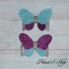 Lot 2 Pinces Papillon coloré et paillettes, coloris Bleu ciel, mauve et argenté, modèle 2.