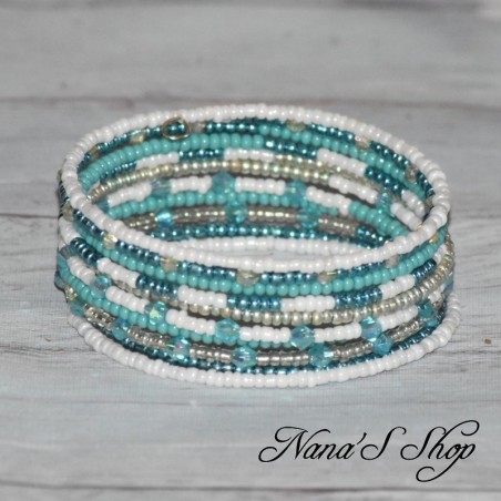 Bracelet en perles multi-rang, mémoire de forme, modèle 1, bleu et blanc.