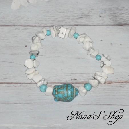 Bracelet en Howlite, tête de Bouddha, coloris blanc et bleu