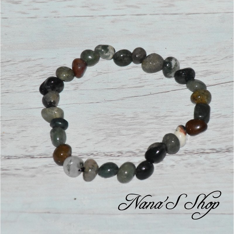 Bracelet en Agate Indienne, petite pierre multicolore, vert, marron blanc.