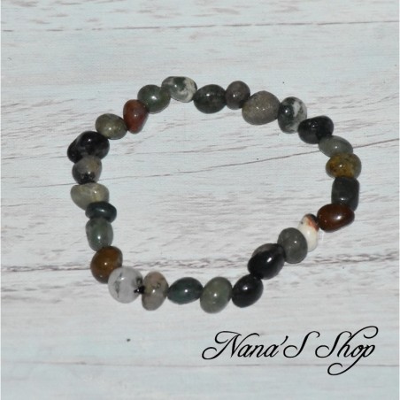 Bracelet en Agate Indienne, petite pierre multicolore, vert, marron blanc.