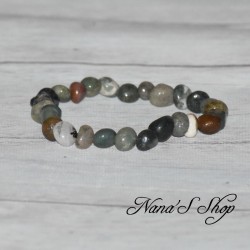 Bracelet en Agate Indienne, petite pierre multicolore, vert, marron blanc.