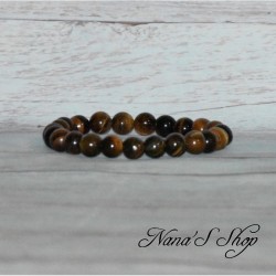 Bracelet élastique perles, pierre œil du tigre, tons marron, 8mm.