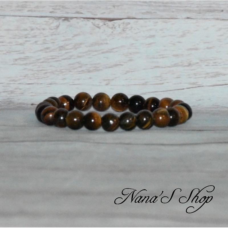 Bracelet élastique perles, pierre œil du tigre, tons marron, 8mm.