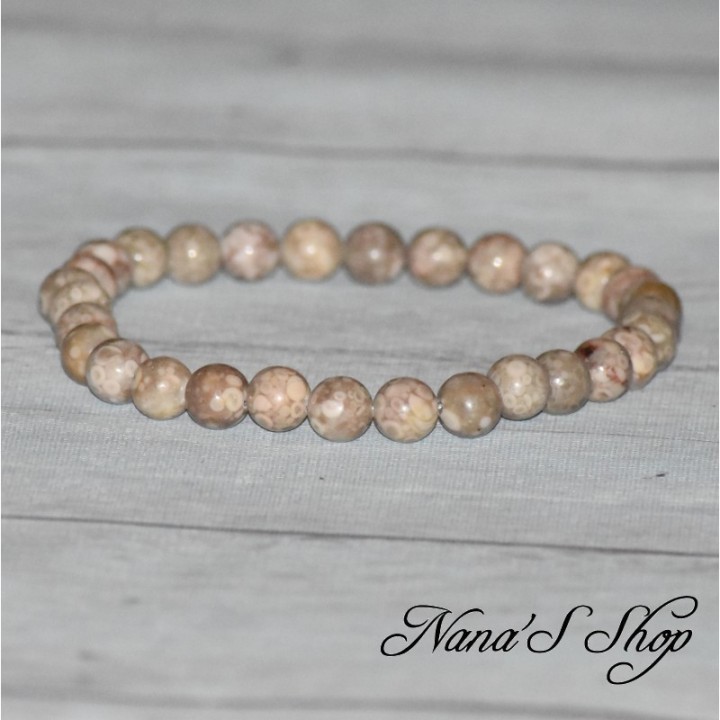 Bracelet de perle en Maïfanite, de couleur beige, fait main.