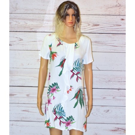 Robe fluide, imprimé tropical, Desigual, coloris blanc. Robe fluide, imprimé tropical, Desigual, coloris blanc.
