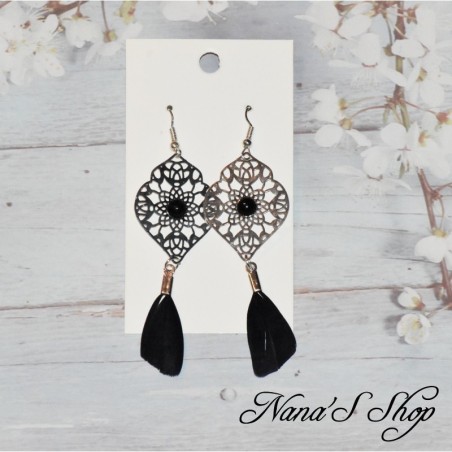 Boucles d'oreilles Filigrane Arabesque et Plume, coloris noir.