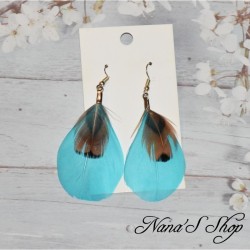 Boucles d'oreilles duo de plumes simple, coloris bleu turquoise.