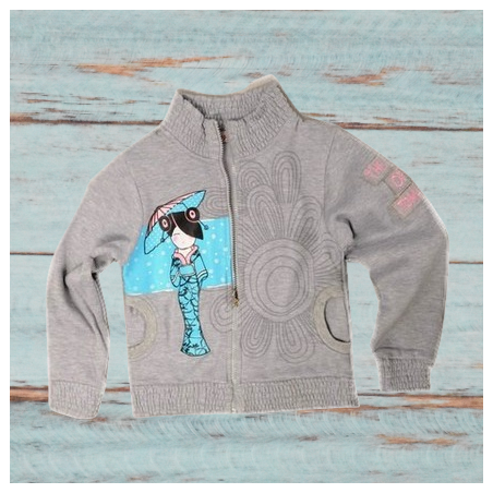 Sweat fille zippé, impression Geisha, coloris gris.