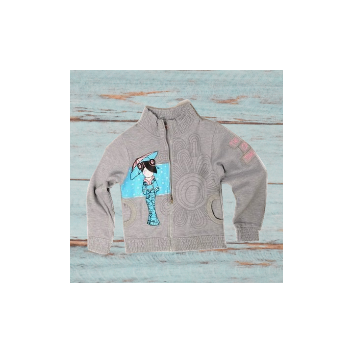 Sweat fille zippé, impression Geisha, coloris gris.