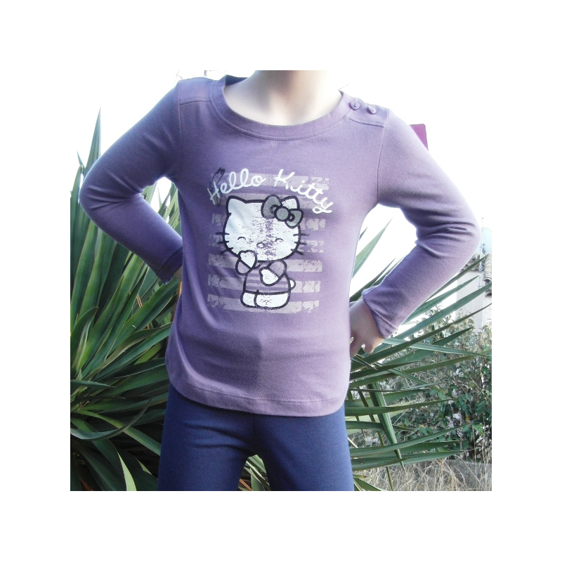 T-shirt fille, à manches longues, Hello Kitty, coloris mauve.