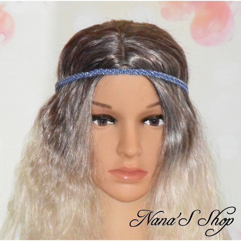 Headband tressé, en suédine strass argenté, coloris bleu foncé.