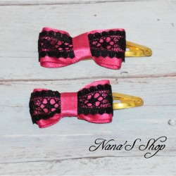 Barrettes clic-clac, nœuds en dentelle (lot de 2), coloris rose et noir.
