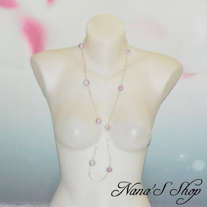 Sautoir Collection Douceur, en perles de rocailles et pâte polymère, coloris mauve.