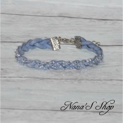 Bracelet tressé, en suédine à strass, coloris bleu.
