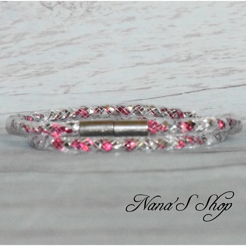 Collier ou bracelet double, tube résille, effet stardust, coloris rose.