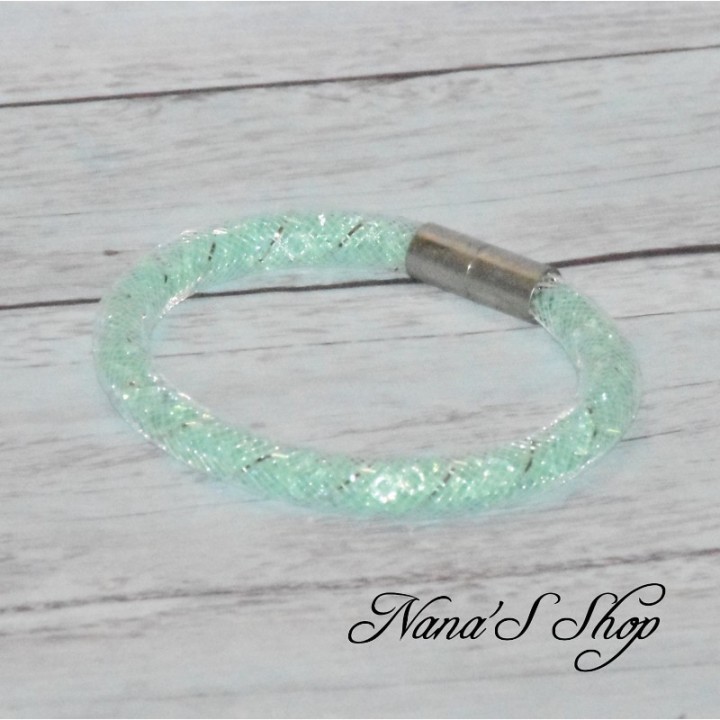 Bracelet fantaisie, grosse résille blanche, Stardust, coloris vert menthe.