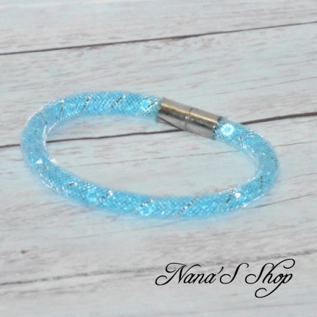 Bracelet fantaisie, grosse résille blanche, Stardust, coloris bleu.