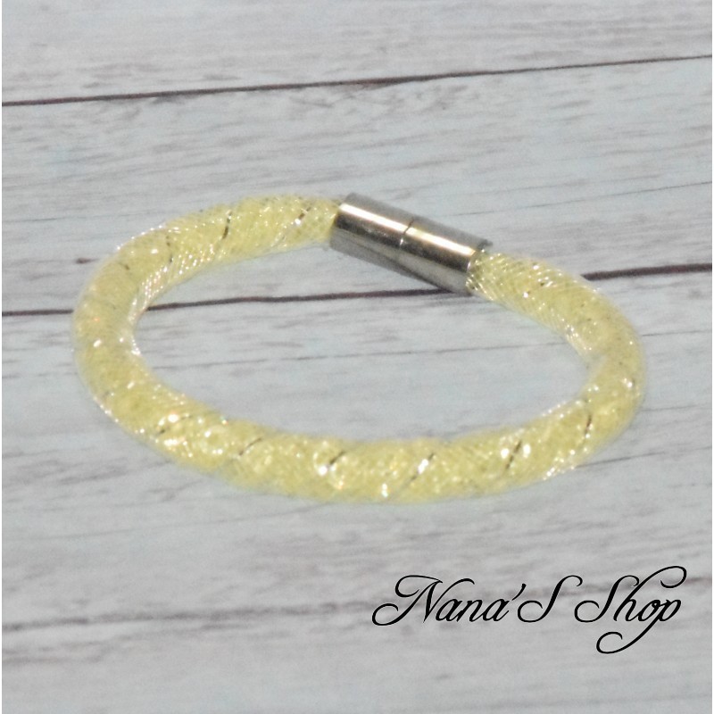 Bracelet fantaisie, grosse résille blanche, Stardust, coloris jaune. Bracelet fantaisie, grosse résille blanche, Stardust, coloris jaune.