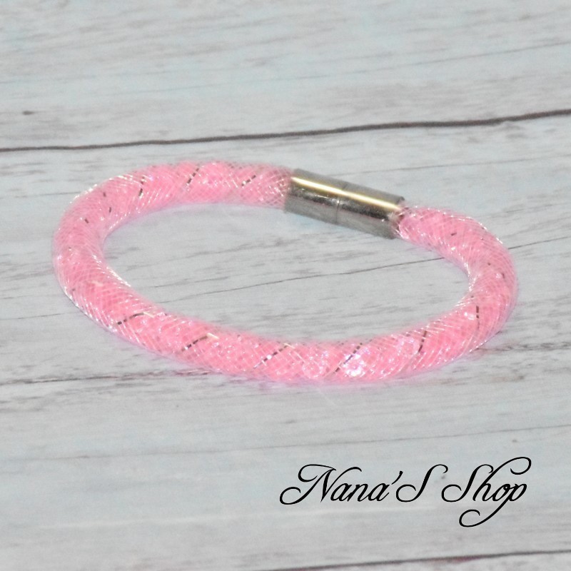Bracelet fantaisie, grosse résille blanche, Stardust, coloris rose pâle. Bracelet fantaisie, grosse résille blanche, Stardust, coloris rose pâle.