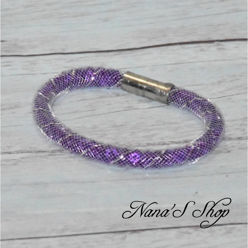 Bracelet fantaisie, grosse résille blanche, Stardust, coloris violet. Bracelet fantaisie, grosse résille blanche, Stardust, coloris violet.