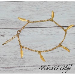 Chaine de cheville, pendentif plumes, coloris doré.