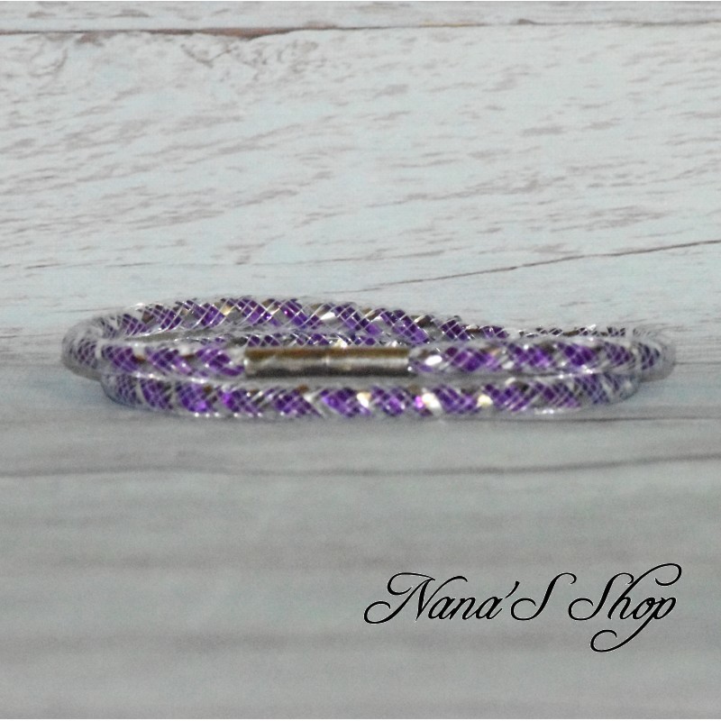 Collier ou bracelet double, tube résille et strass, effet Stardust, coloris violet.