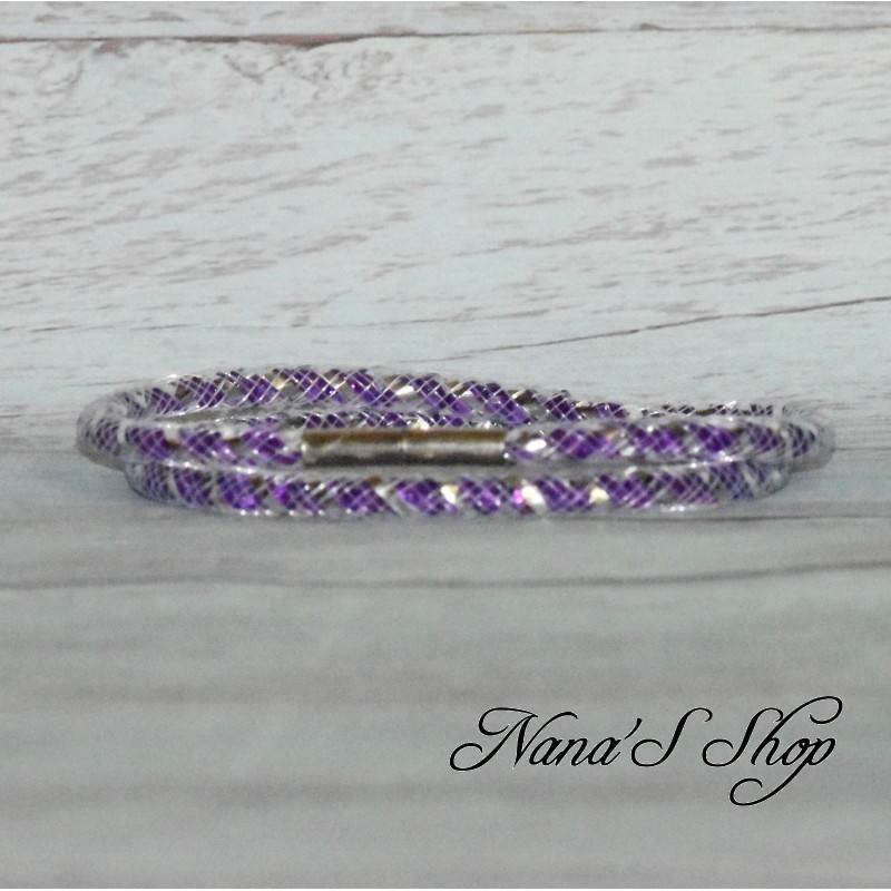 Collier ou bracelet double, tube résille et strass, effet Stardust, coloris violet. Collier ou bracelet double, tube résille et strass, effet Stardust, coloris violet.
