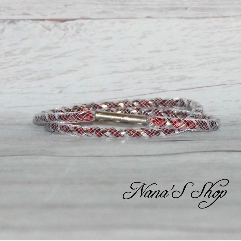 Collier ou bracelet double, tube résille et strass, effet Stardust, coloris bordeaux.