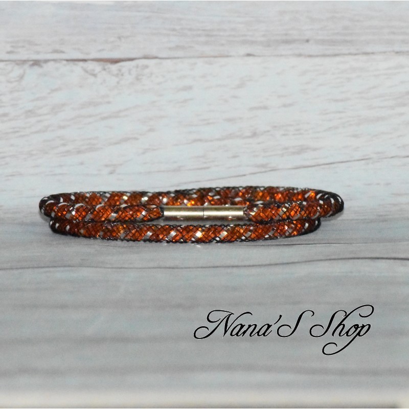 Collier ou bracelet double, fine résille noir et strass, effet Stardust, coloris orange.