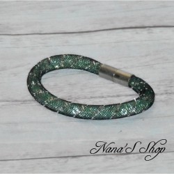 Bracelet fantaisie, grosse résille noire, Stardust, coloris vert menthe.