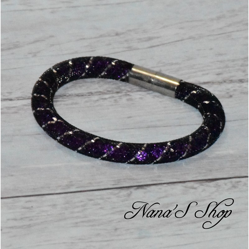 Bracelet fantaisie, grosse résille noire, Stardust, coloris violet.