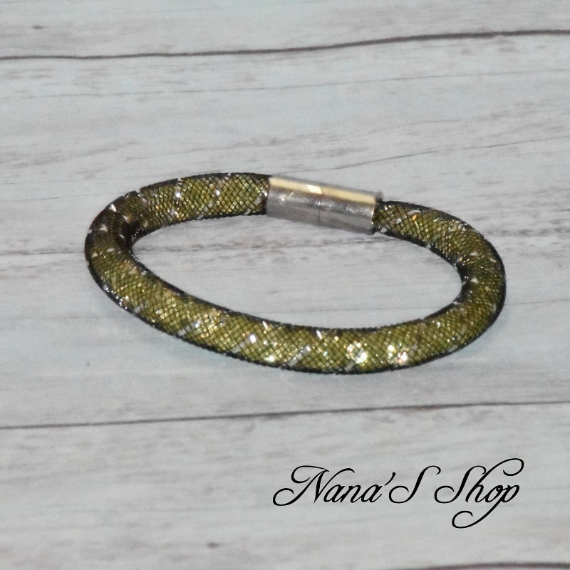 Bracelet fantaisie, grosse résille noire, Stardust, coloris jaune. Bracelet fantaisie, grosse résille noire, Stardust, coloris jaune.