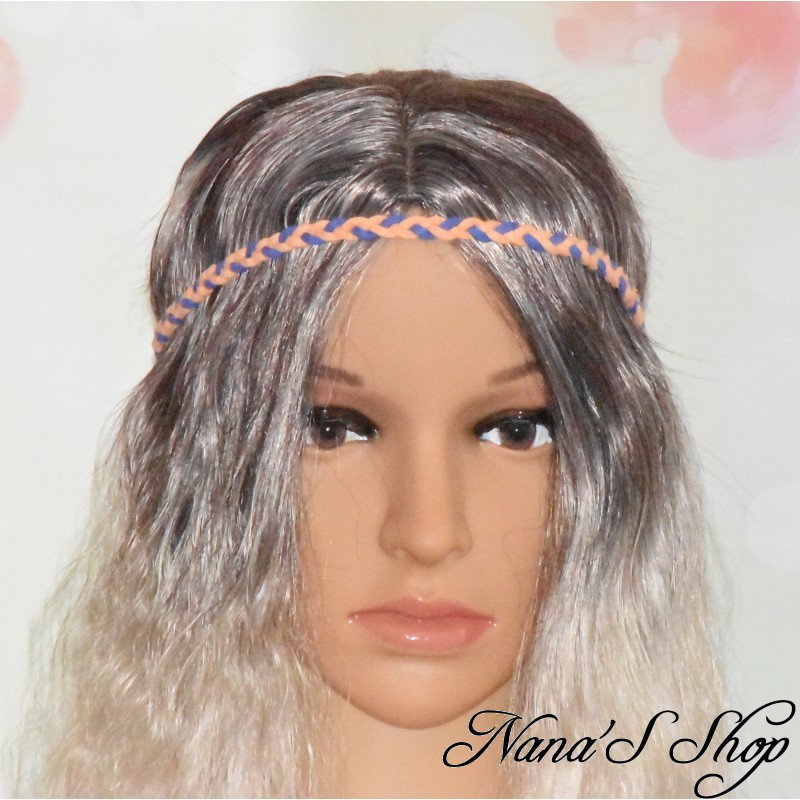 Headband bicolore tressé, en suédine, coloris corail et bleu royal.