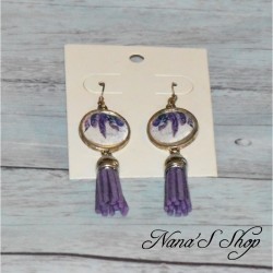 Boucles d'oreilles fantaisie, cabochons plume et Tassel, coloris violet.
