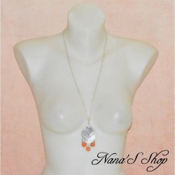 Collier et pendentif fantaisie , estampe et hexagone nacre, coloris orange.