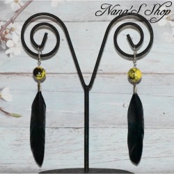 Boucles d'oreilles plume et pâte polymère, couleur vive, coloris jaune.