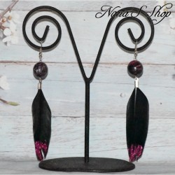 Boucles d'oreilles plume et pâte polymère, couleur vive, coloris rose.