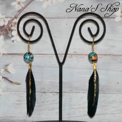 Boucles d'oreilles plume et pâte polymère, coloris bleu turquoise et or.