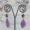 Boucles d'oreilles plume et pâte polymère, coloris violet et or.