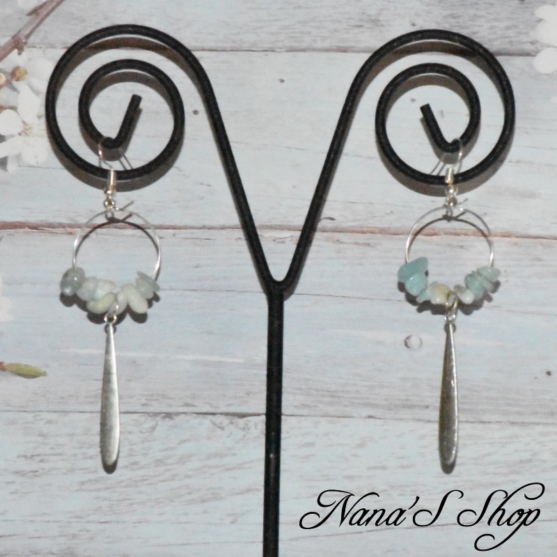 Boucles d'oreilles longues pierre Amazonite, tons vert menthe.