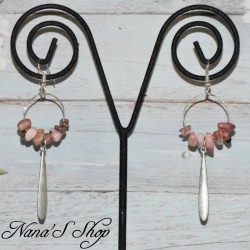 Boucles d'oreilles longues pierre Rhodonite, tons rose.