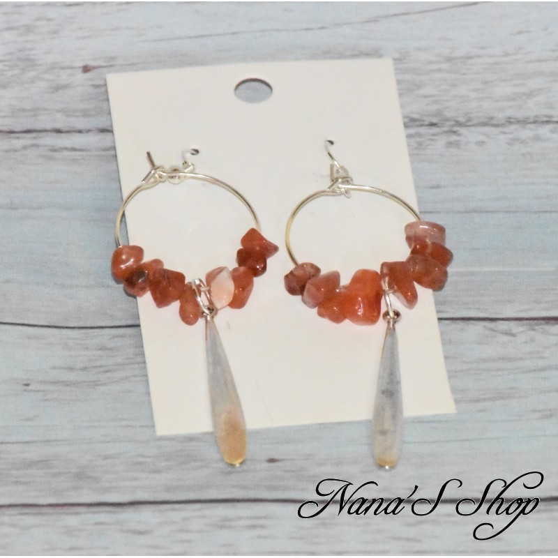 Boucles d'oreilles longues pierre Cornaline, tons rouge.