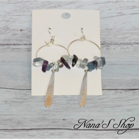 Boucles d'oreilles longues,  pierre fluorite, tons vert et violet.